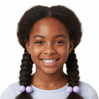 Smiling young girl with textured natural hair styled in two braids secured with pastel purple twin bead ponytailers designed for firm, snag-free hold on multicultural hair.