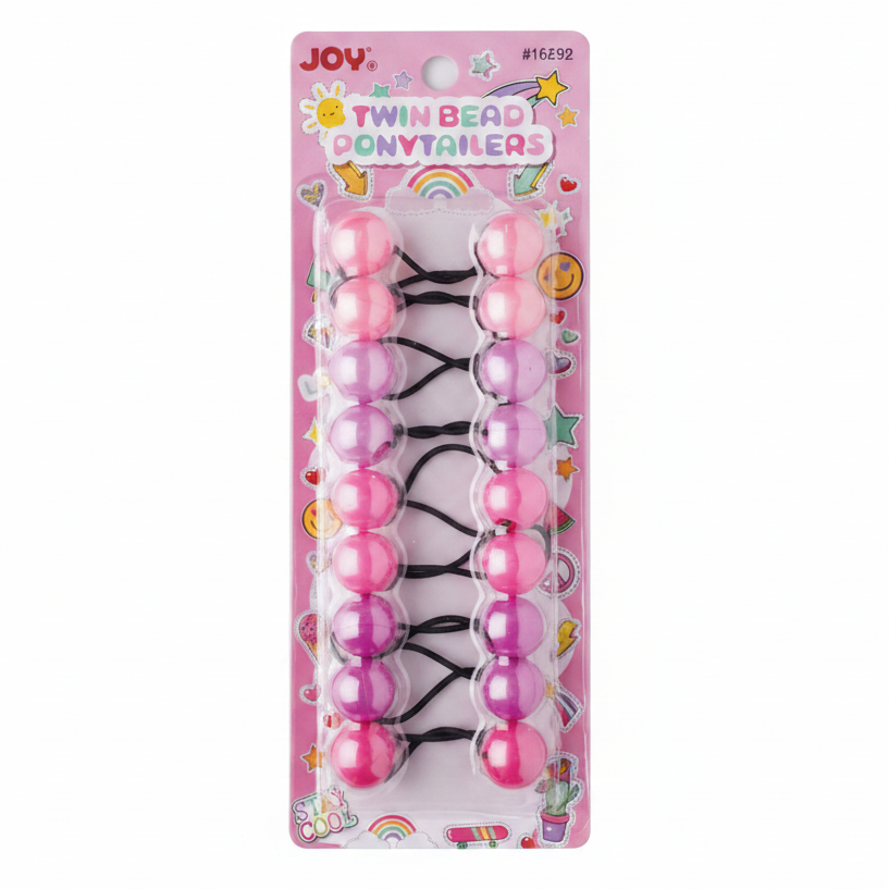 Set of ten twin bead ponytail holders in assorted shades of pink and purple, designed for firm, snag-free hold on textured and multicultural hair.