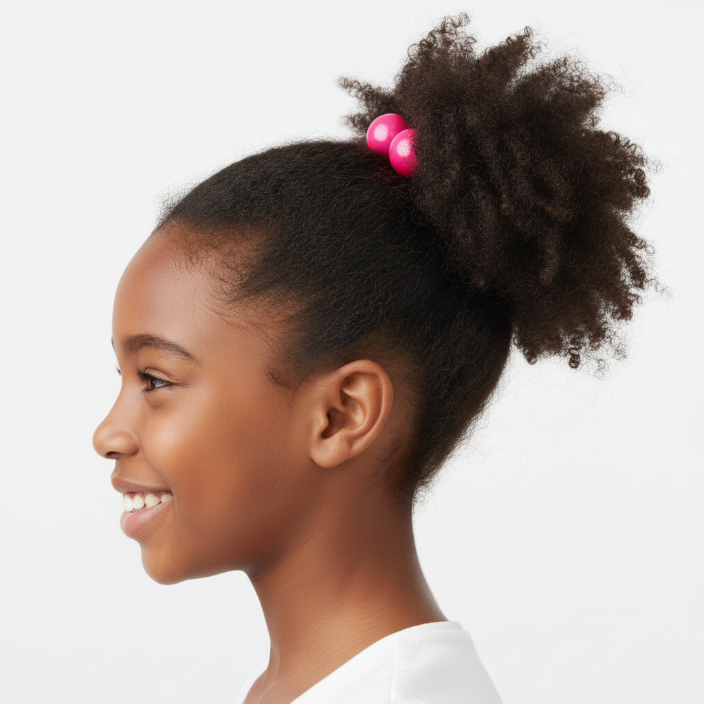 Young girl with textured natural hair styled in a high puff secured with bright pink twin bead ponytailers designed for firm, snag-free hold on multicultural hair.