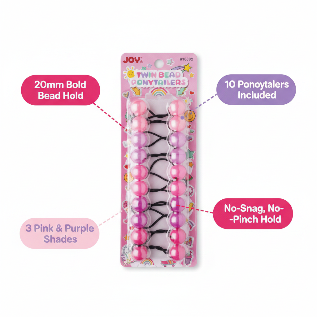 Package of ten ponytail holders featuring twin beads in assorted pink and purple shades, designed for a firm, snag-free hold on textured hair.