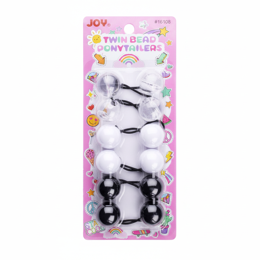Set of six twin bead ponytail holders in black and white, designed for textured and multicultural hair, offering snag-free, firm hold for braids and ponytails.