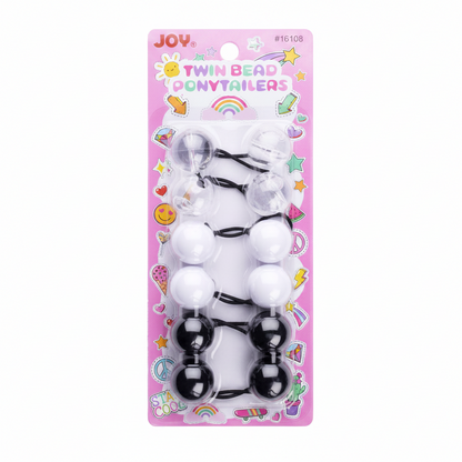 Set of six twin bead ponytail holders in black and white, designed for textured and multicultural hair, offering snag-free, firm hold for braids and ponytails.