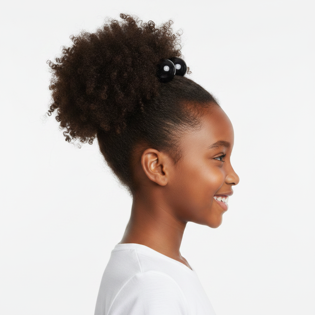 Young girl with natural curly hair styled in a high puff secured by black and white twin bead ponytailers designed for textured hair.