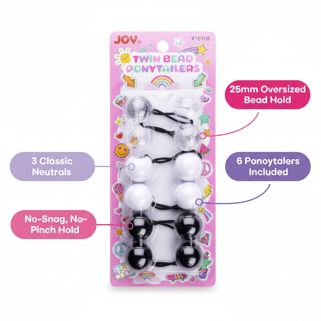 Clear black and white twin bead ponytail holders on a colorful pink card, featuring oversized beads for secure, no-snag hold designed for textured and multicultural hair.