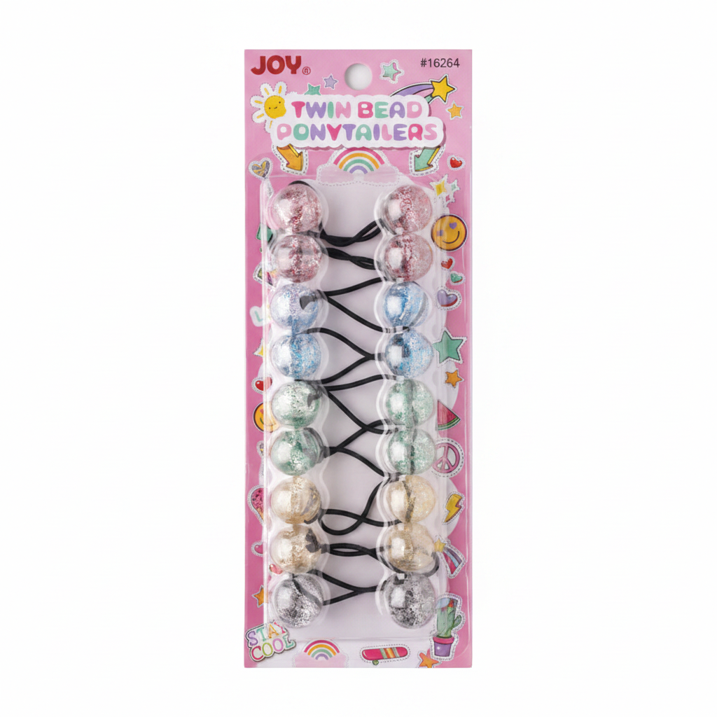 Set of colorful glitter twin bead ponytail holders with firm, snag-free elastic bands designed for textured and multicultural hair by Annie International.