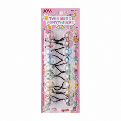 Set of colorful glitter twin bead ponytail holders with firm, snag-free elastic bands designed for textured and multicultural hair by Annie International.