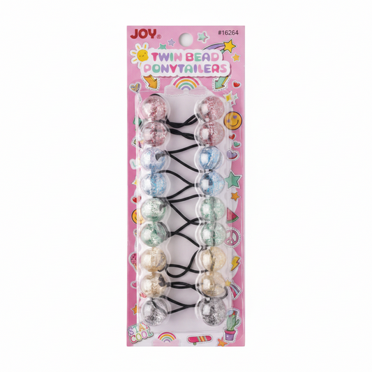 Set of colorful glitter twin bead ponytail holders with firm, snag-free elastic bands designed for textured and multicultural hair by Annie International.