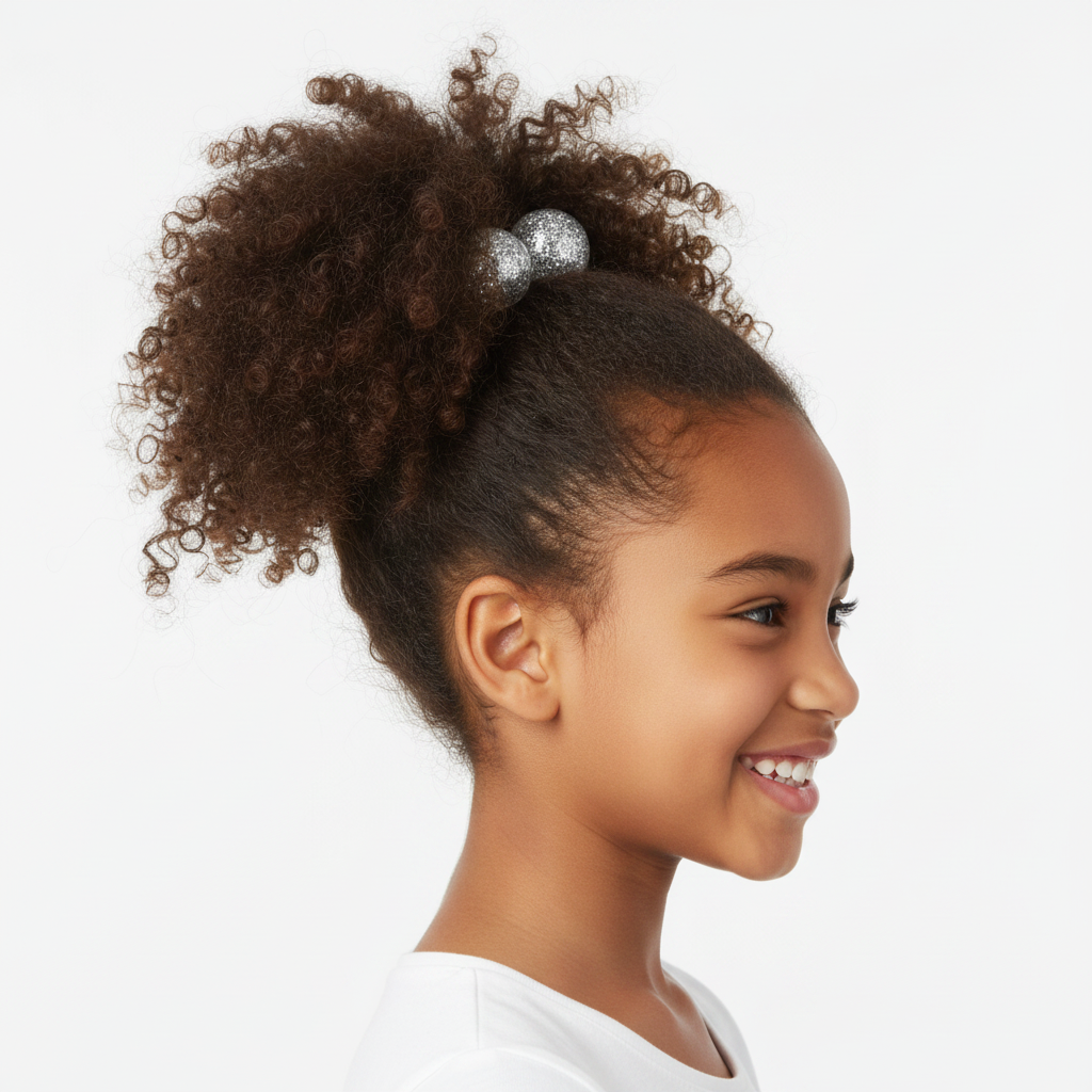 Young girl with textured curly hair styled in a high ponytail secured with clear glitter twin bead ponytailers designed for multicultural hair.