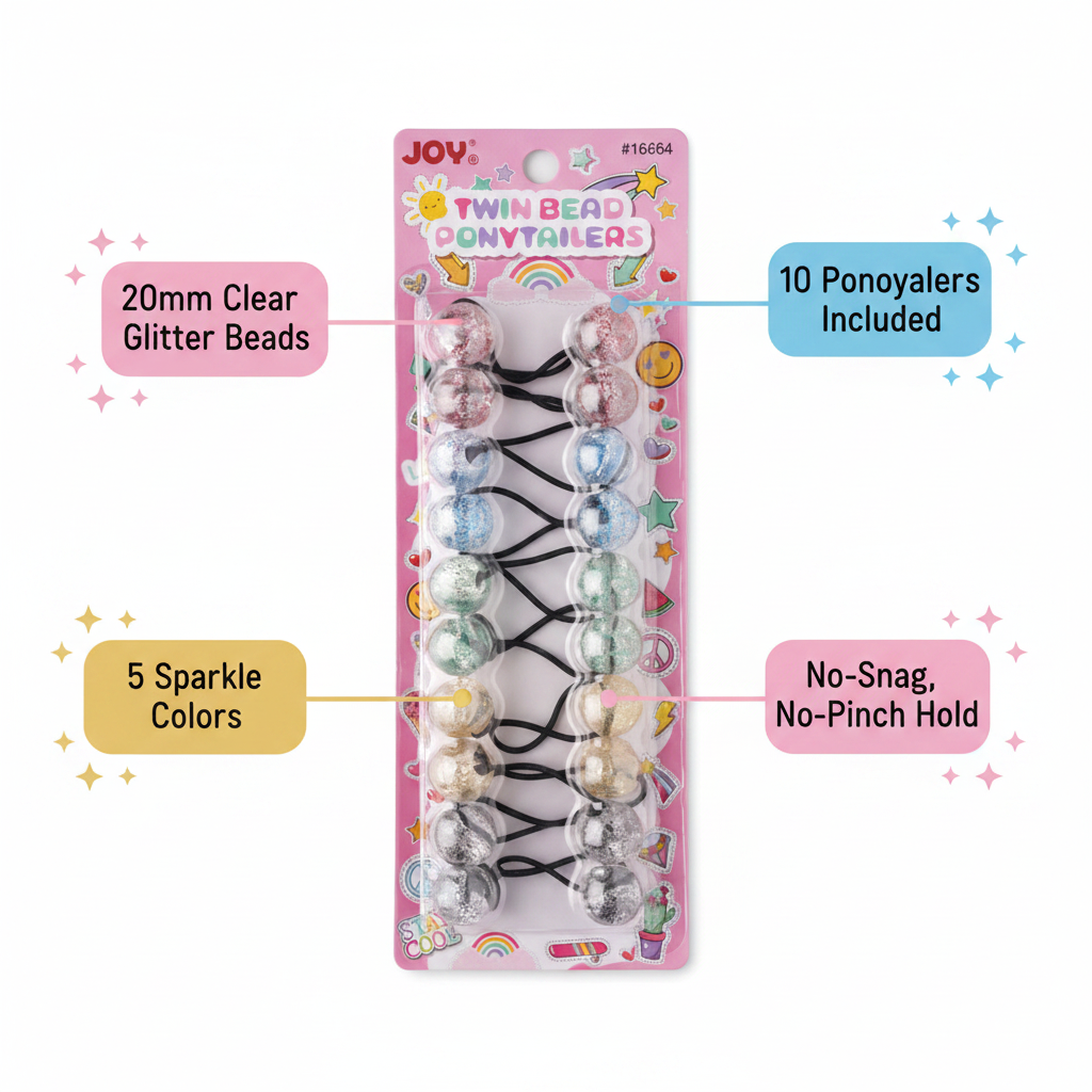 Packaging of assorted clear twin bead ponytail holders featuring 20mm glitter beads in five sparkle colors, designed for no-snag, no-pinch hold on textured hair.