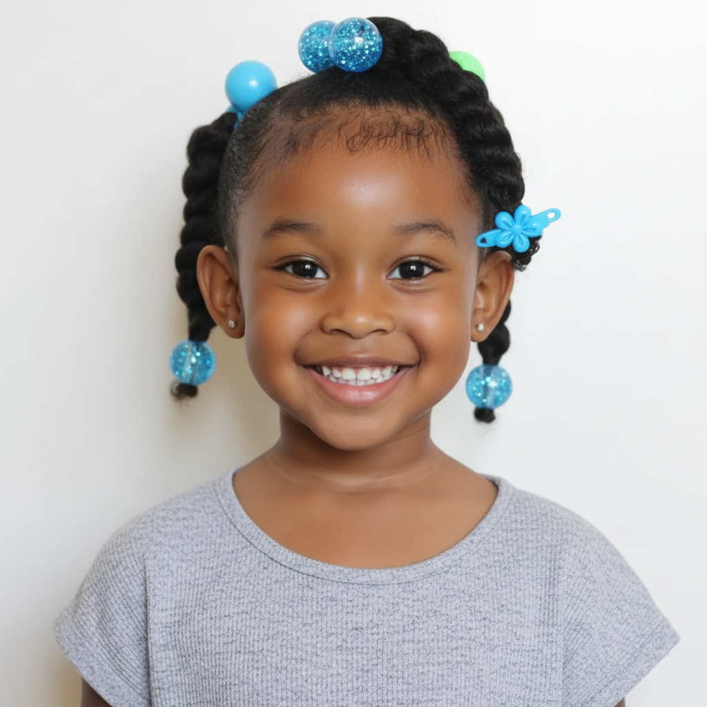 Smiling young girl with textured hair styled in braids adorned with blue and green glittery beaded ponytailers and a blue butterfly hair clip, showcasing natural hair accessories.