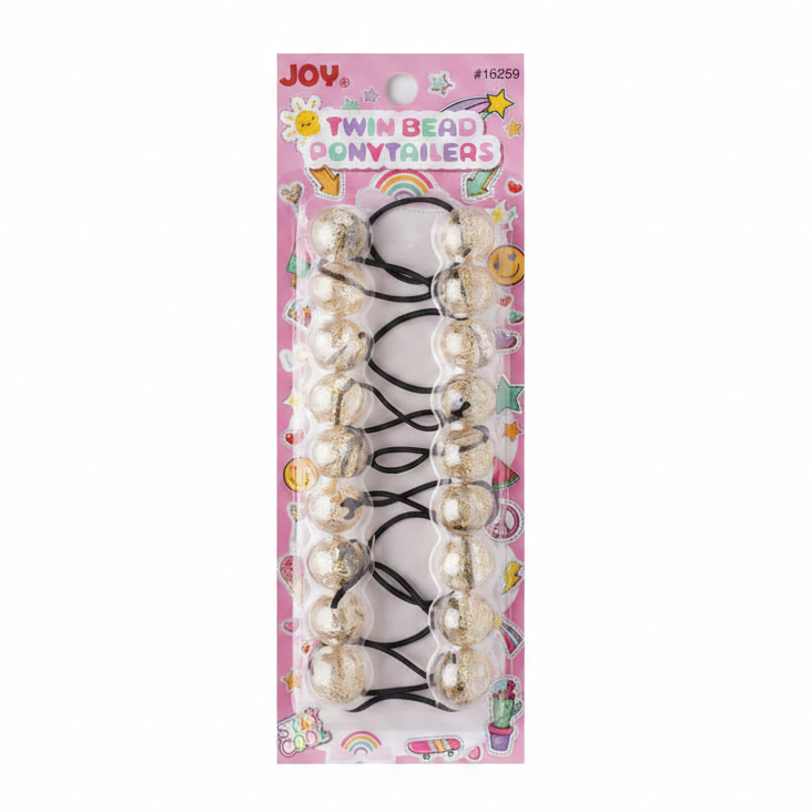 Pack of 10 glittery clear and gold twin bead ponytail holders on black elastic bands, designed for secure, snag-free styling of textured and multicultural hair.