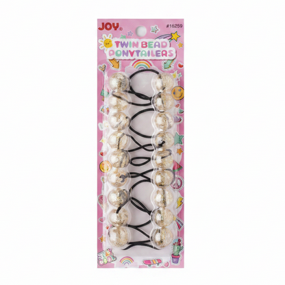 Pack of 10 glittery clear and gold twin bead ponytail holders on black elastic bands, designed for secure, snag-free styling of textured and multicultural hair.