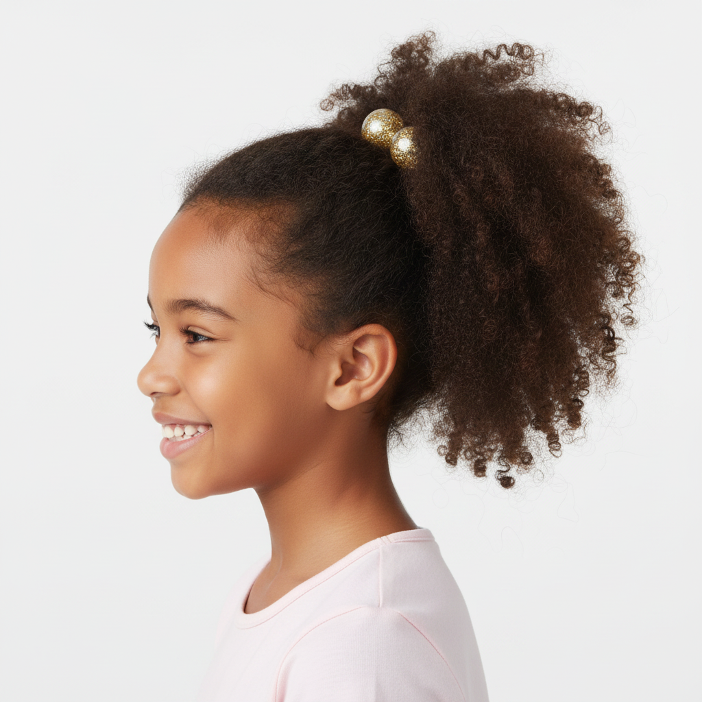 Young girl with textured natural hair styled in a high ponytail secured with glittery clear and gold twin bead ponytailers designed for snag-free hold on multicultural hair.
