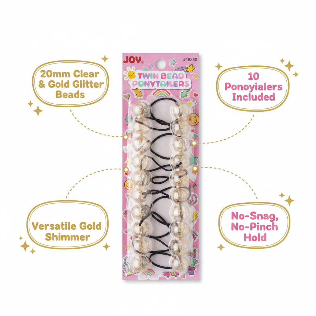 Pack of 10 clear and gold glitter twin bead ponytail holders designed for a no-snag, no-pinch hold with versatile gold shimmer, ideal for textured and multicultural hair.