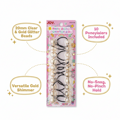 Pack of 10 clear and gold glitter twin bead ponytail holders designed for a no-snag, no-pinch hold with versatile gold shimmer, ideal for textured and multicultural hair.