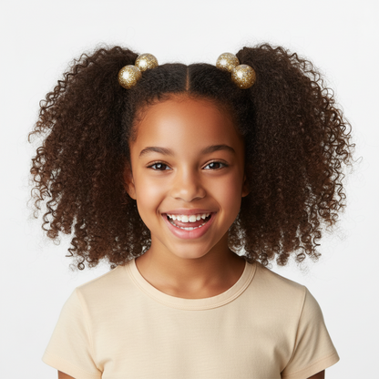 Smiling young girl with natural curly hair styled in two puffs secured with glittery twin bead ponytailers in clear and gold, designed for textured hair by Annie International.