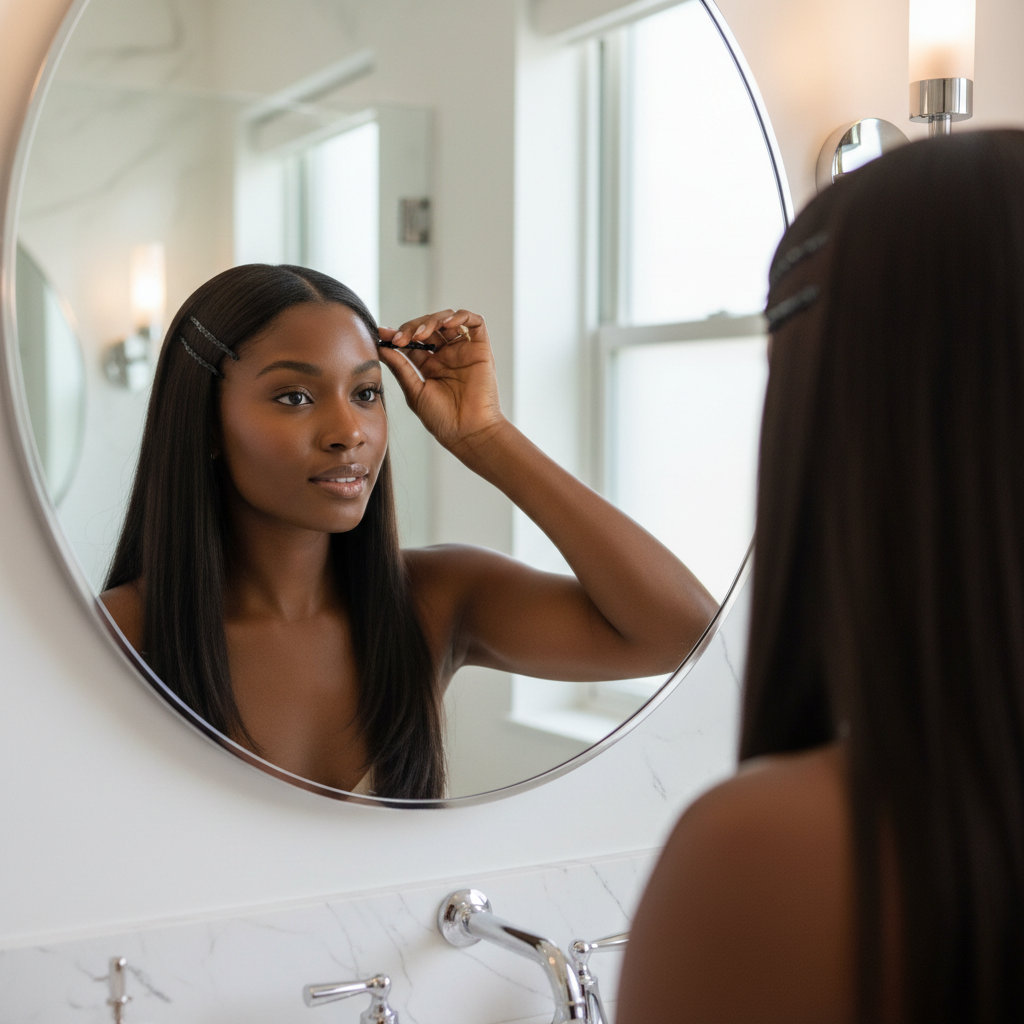 A woman styling her sleek, straight hair in front of a bathroom mirror using Annie Bob Pins Crimped 2 Inch, 300 Count, Black to securely hold her hair in place.