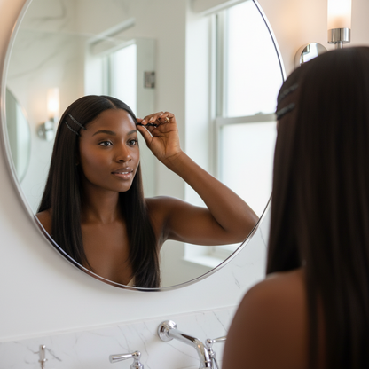 A woman styling her sleek, straight hair in front of a bathroom mirror using Annie Bob Pins Crimped 2 Inch, 300 Count, Black to securely hold her hair in place.