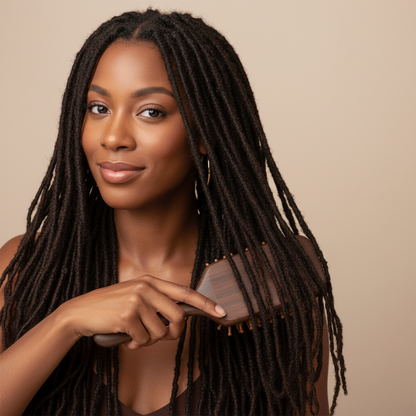 Woman with long textured locs gently brushing her hair with a sandalwood paddle brush designed for natural and multicultural hair care by Annie International.