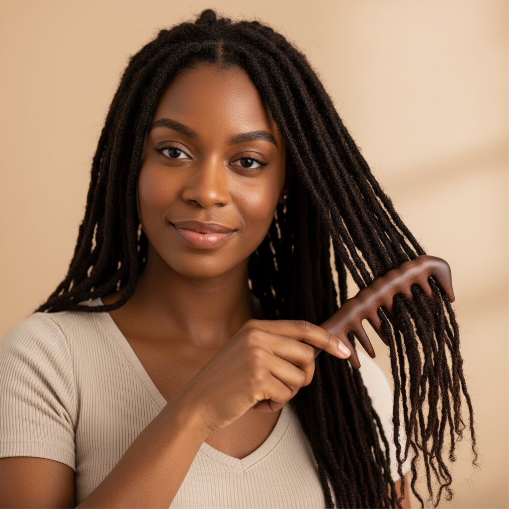 Smiling woman with long textured locs using a sandalwood comb with wide teeth to gently detangle and style her hair, highlighting tools for natural and multicultural hair.