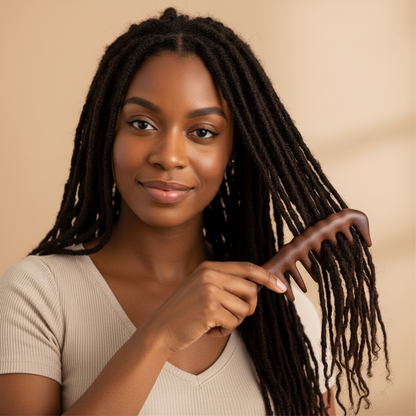 Smiling woman with long textured locs using a sandalwood comb with wide teeth to gently detangle and style her hair, highlighting tools for natural and multicultural hair.