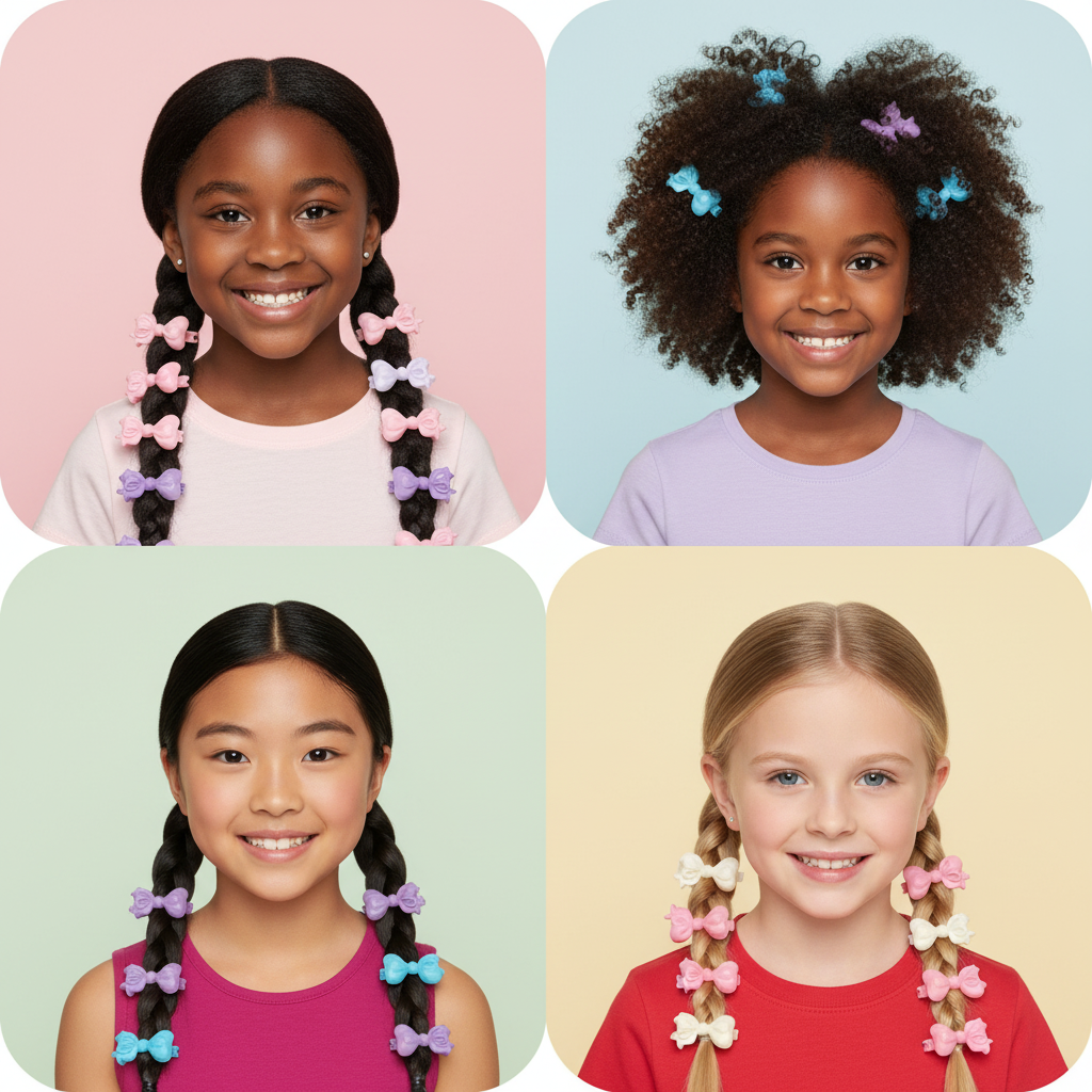 Four smiling young girls with different textured hair styles wearing assorted pastel-colored ribbon barrettes from Annie, showcasing gentle, snag-free hold for textured, multicultural hair.