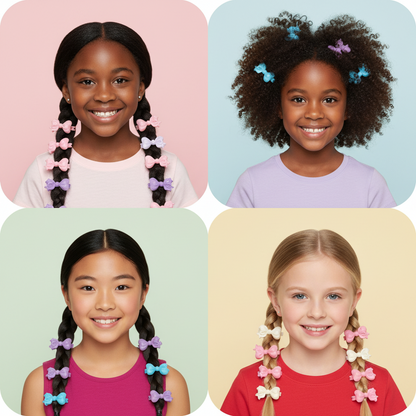 Four smiling young girls with different textured hair styles wearing assorted pastel-colored ribbon barrettes from Annie, showcasing gentle, snag-free hold for textured, multicultural hair.