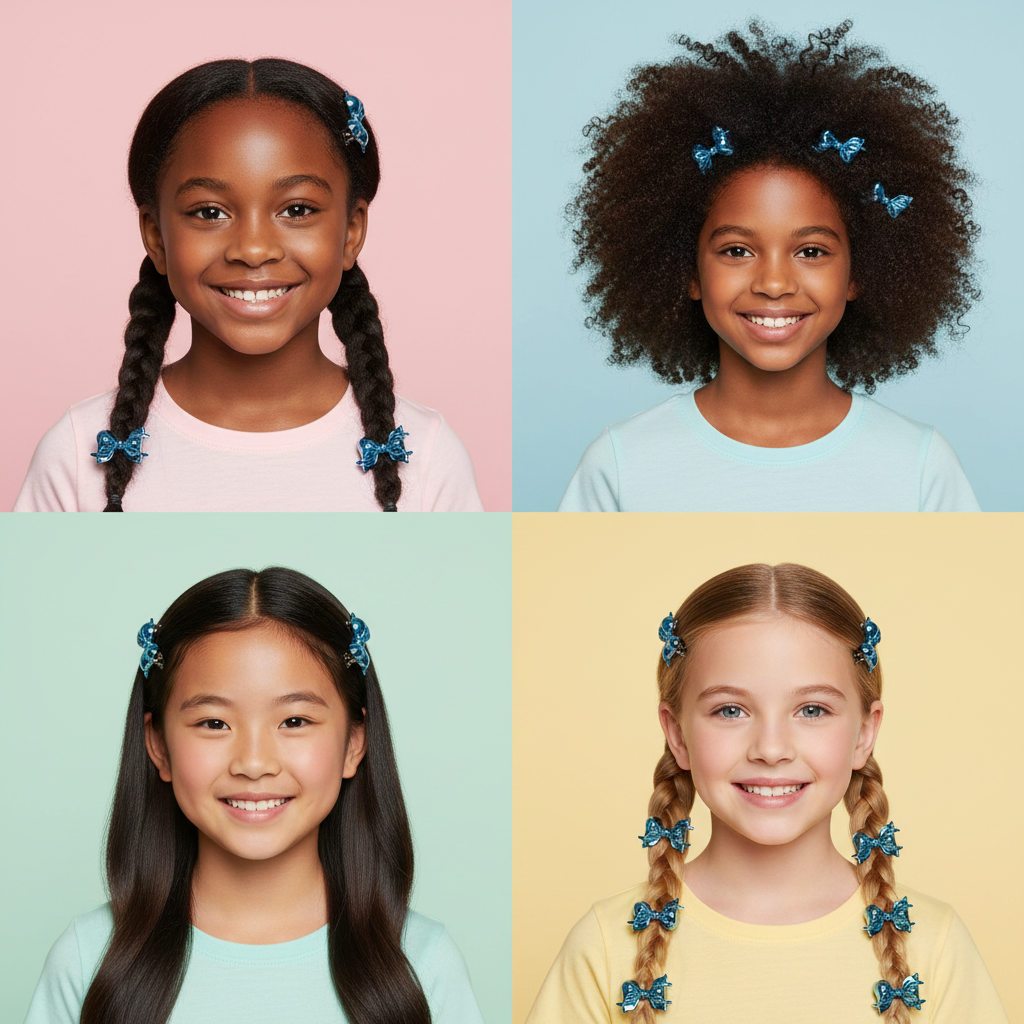 Four smiling girls with different hair textures wearing blue metallic ribbon barrettes styled in braids and loose hair against pastel-colored backgrounds, showcasing Annie hair accessories designed for diverse hair types.