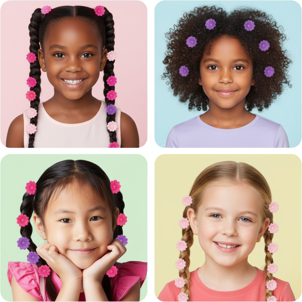 Four smiling girls with diverse hair textures wearing colorful pink and purple daisy-shaped barrettes styled in braids and afro curls, showcasing Annie hair accessories for textured and multicultural hair.