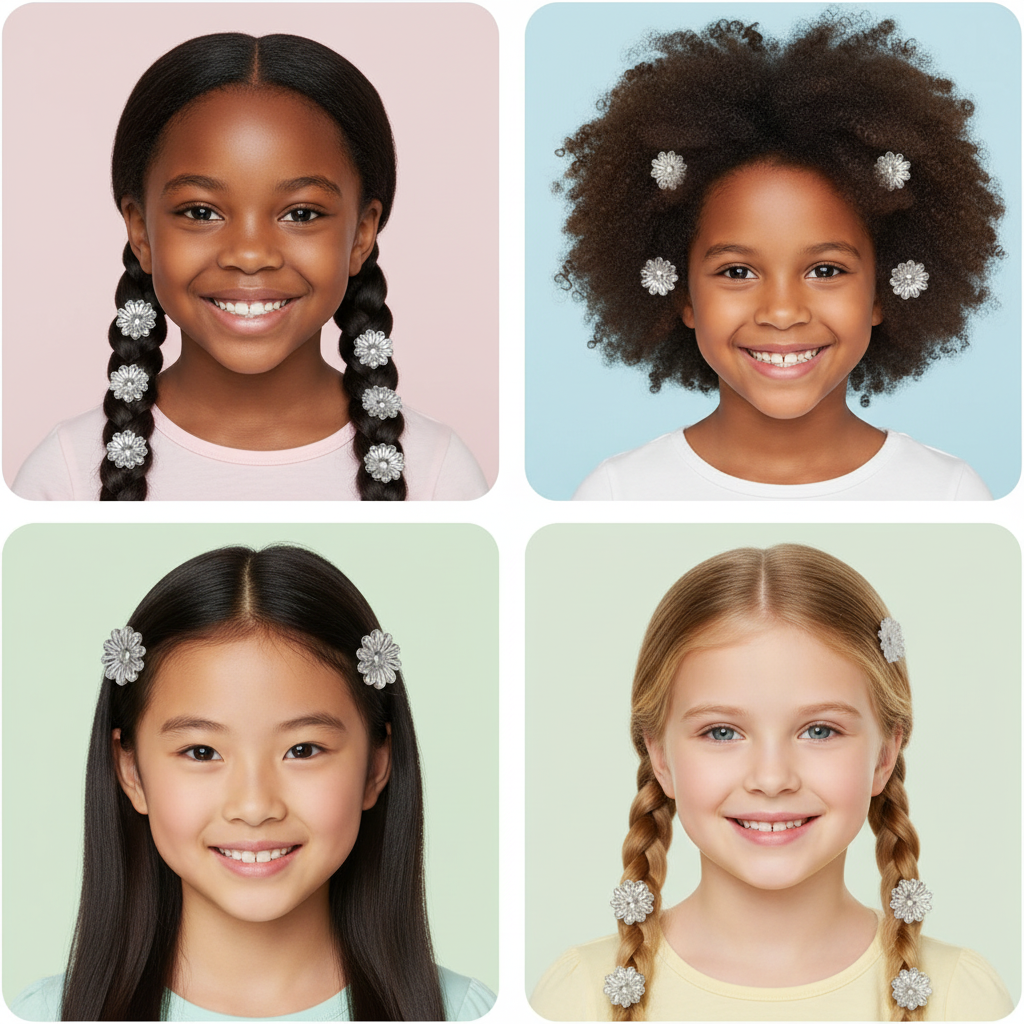 Four smiling girls with different hair textures wearing silver and clear floral barrettes styled in braids and loose hair, showcasing Annie International hair accessories for textured, multicultural hair.