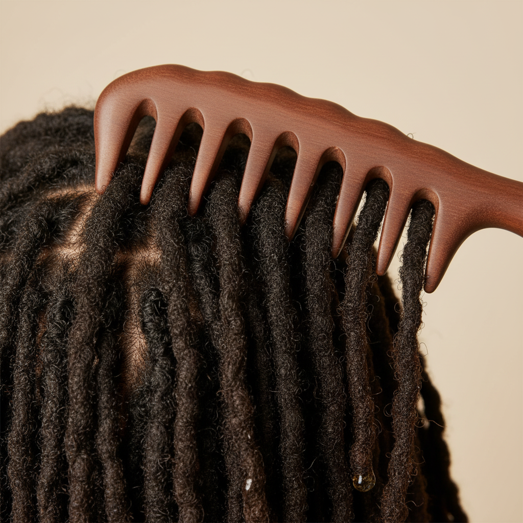 Wooden wide-tooth comb gently detangling and separating textured natural dreadlocks, designed for multicultural hair care and styling.