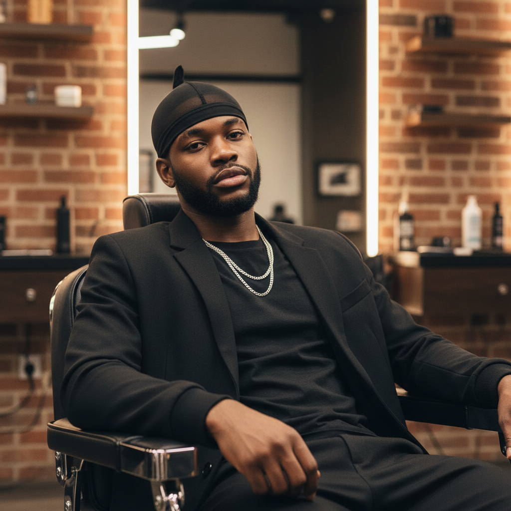 A man seated in a barber chair wearing Mr. Durag Stocking Tie Cap, 1 Count, Black, featuring smooth, breathable fabric designed for comfortable wave maintenance and hair protection.