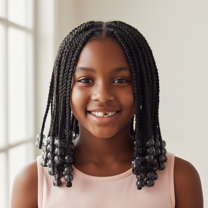 Joy Round Hair Beads X-Large, 100 Count, Two Tone Dark Vivid Black shown beautifully styled on braided hair, highlighting the large glossy black two-tone beads for a polished finish.