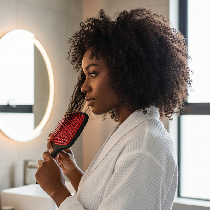 Woman in white robe using a black and red wet and dry detangler brush to gently style her natural curly hair in a bright bathroom, highlighting Annie International hair care tools.