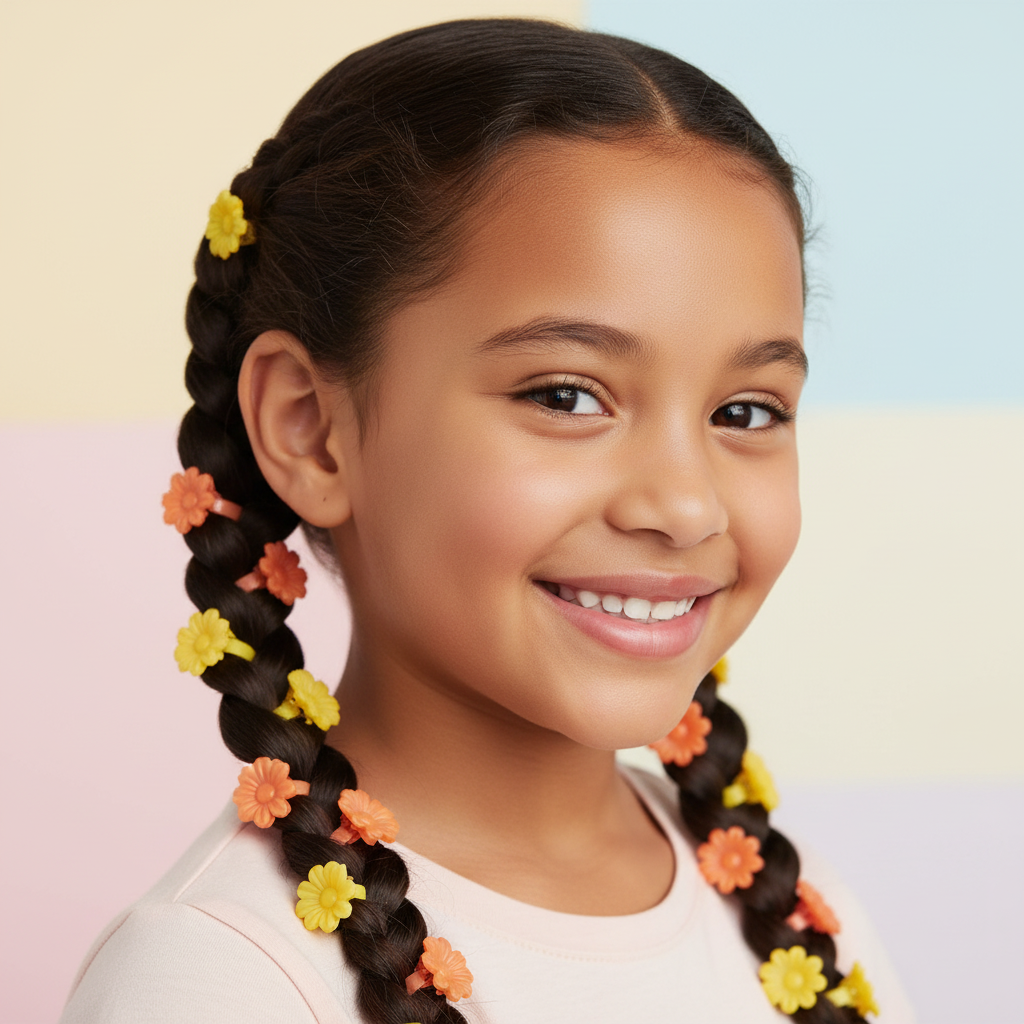 Smiling young girl with dark braided hair adorned with assorted orange and yellow flower barrettes, showcasing a smooth, snags-free protective style designed for textured hair.