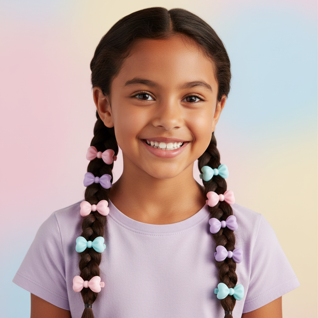 Young girl with textured hair styled in braids, decorated with assorted light pastel ribbon barrettes, smiling against a soft colorful background.