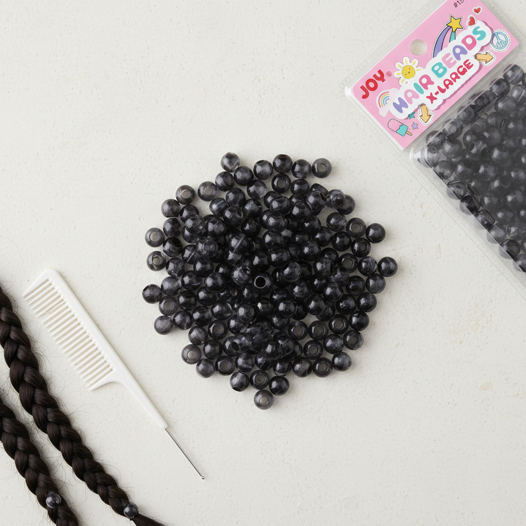 Joy Round Hair Beads X-Large, 100 Count, Two Tone Dark Vivid Black featuring large glossy two-tone black beads with a threading tool and white comb, ideal for braiding and styling.