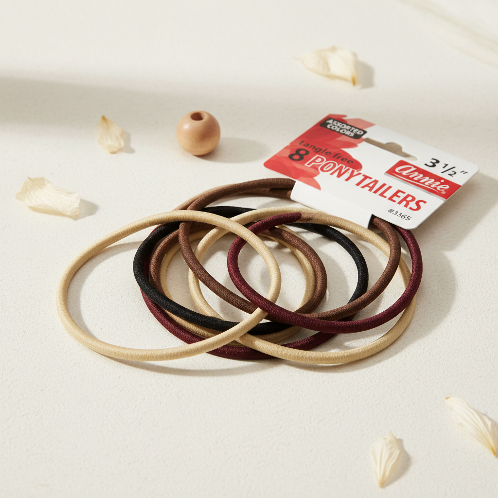 Annie Tangle Free Ponytailers, 8 Count, Assorted Colors displayed in a flat lay with neutral toned bands designed for snag-free, gentle hold suitable for textured and natural hair styling.