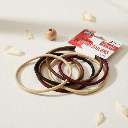 Annie Tangle Free Ponytailers, 8 Count, Assorted Colors displayed in a flat lay with neutral toned bands designed for snag-free, gentle hold suitable for textured and natural hair styling.