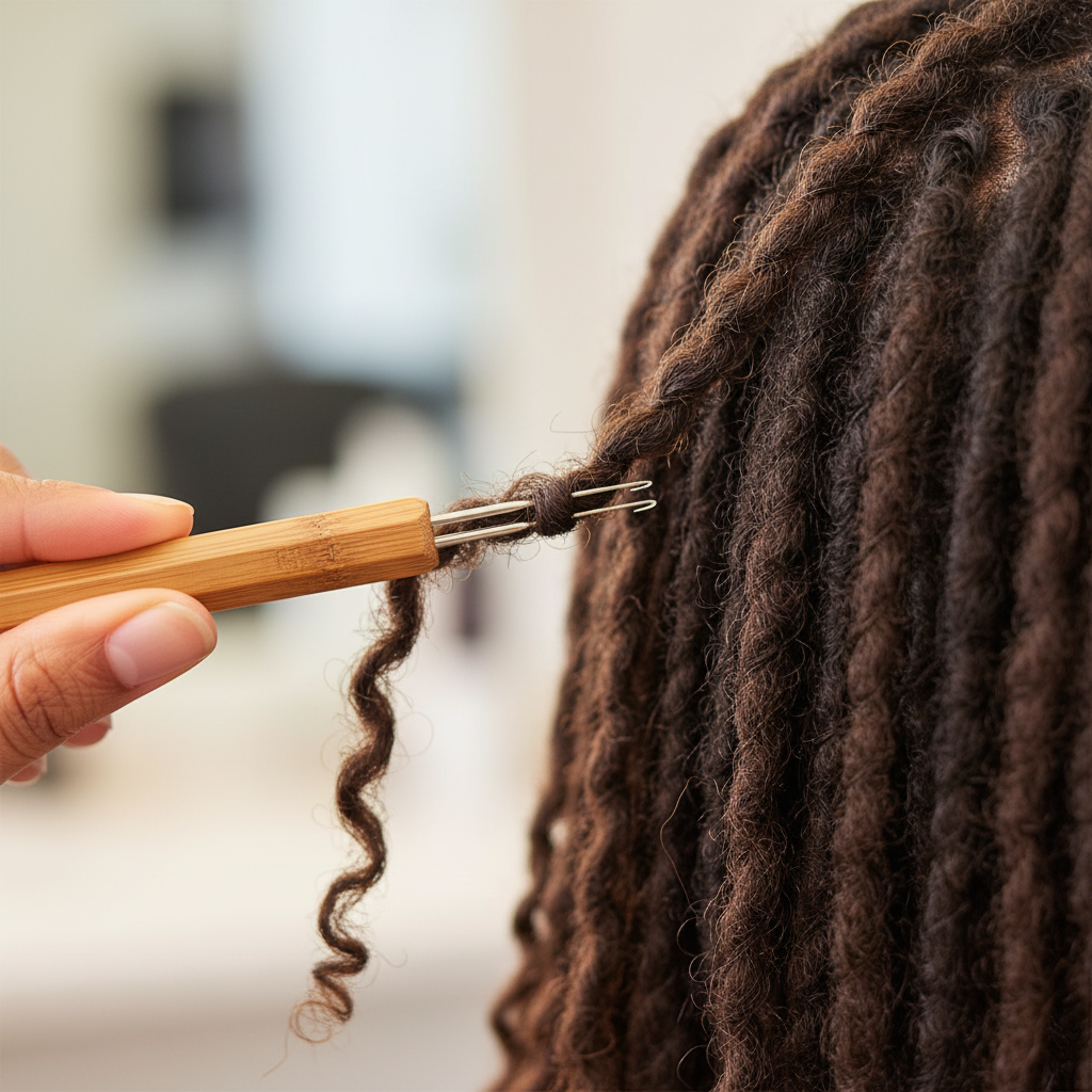 Hand holding Annie Dreadlocks Crochet Needle 2 In 1 0.75mm, 1 Count, Wood with dual steel hooks tightening a natural dreadlock in close-up view.