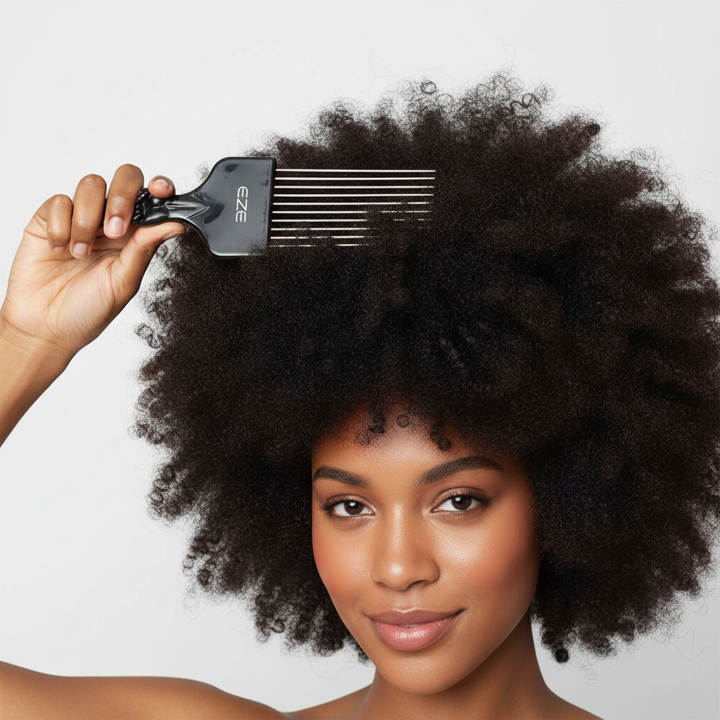 Woman using the EZE Urban Series Fist Styling Pik Long 4 Inch, 1 Count, Black to lift and style natural afro-textured hair with a smooth black handle and long metal teeth for ease and control.