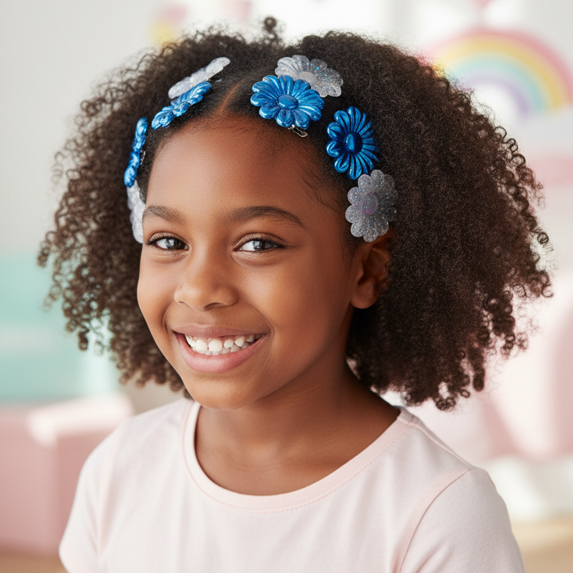 A smiling young girl with curly dark hair wearing three blue and white flower hair clips, set against a soft, brightly lit pastel room background.