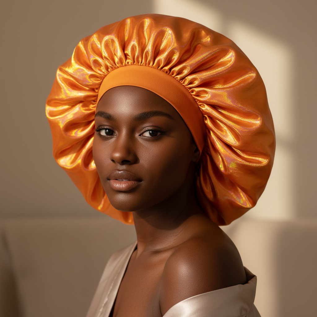 Woman with smooth skin wearing a orange luminous synthetic and silk super jumbo bonnet with a soft elastic band, styled for protective care of textured and natural hair.