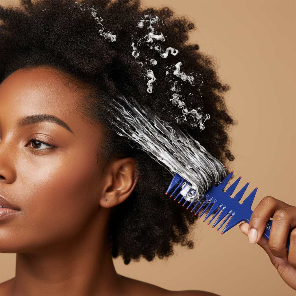 Woman with natural textured hair using a large wide-tooth blue comb to detangle and apply conditioner, designed for multicultural and textured hair care.