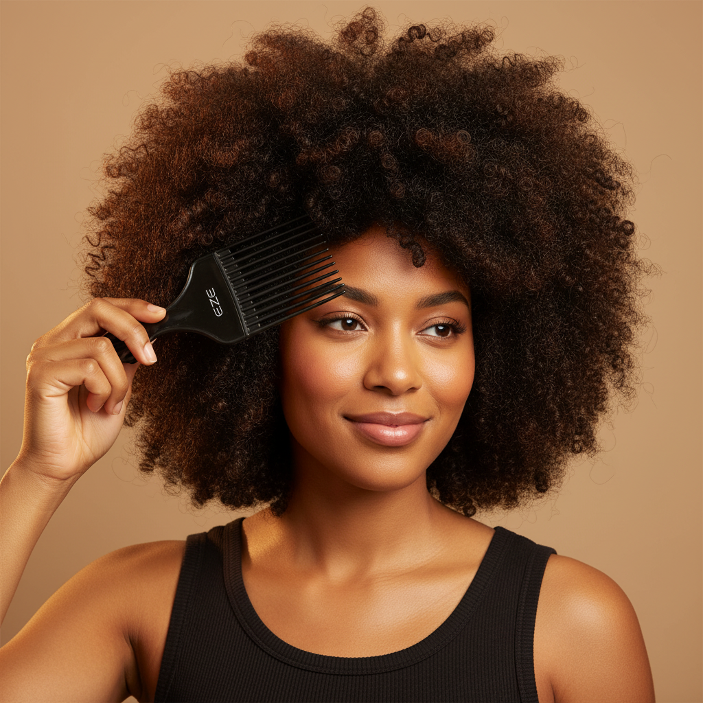 Woman styling her natural afro hair with the EZE Urban Series Fist Styling Plastic Pik Short, 1 Count, Black, featuring a sturdy plastic handle and wide teeth for textured hair.