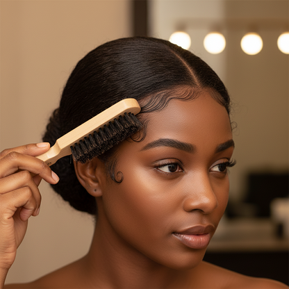 Woman with smooth, styled hair using Annie Ultimate Edge & Updo Brush 100% Boar Bristle, 1 Count, Light Brown to perfect sleek baby hairs in a warm, well-lit vanity setting.