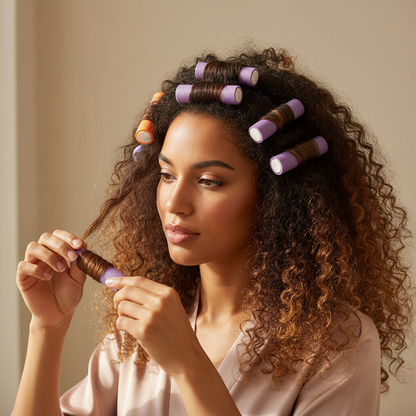 Woman with textured hair using purple and orange soft twist hair rollers to create gentle curls, demonstrating a heat-free styling method for natural and multicultural hair.