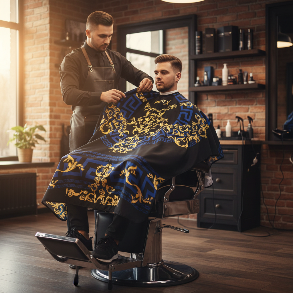 Barber using PrimeX Premium Professional Barber Cape, 1 Count, Lux with intricate gold and blue designs on a client in a stylish barbershop setting with warm natural light.