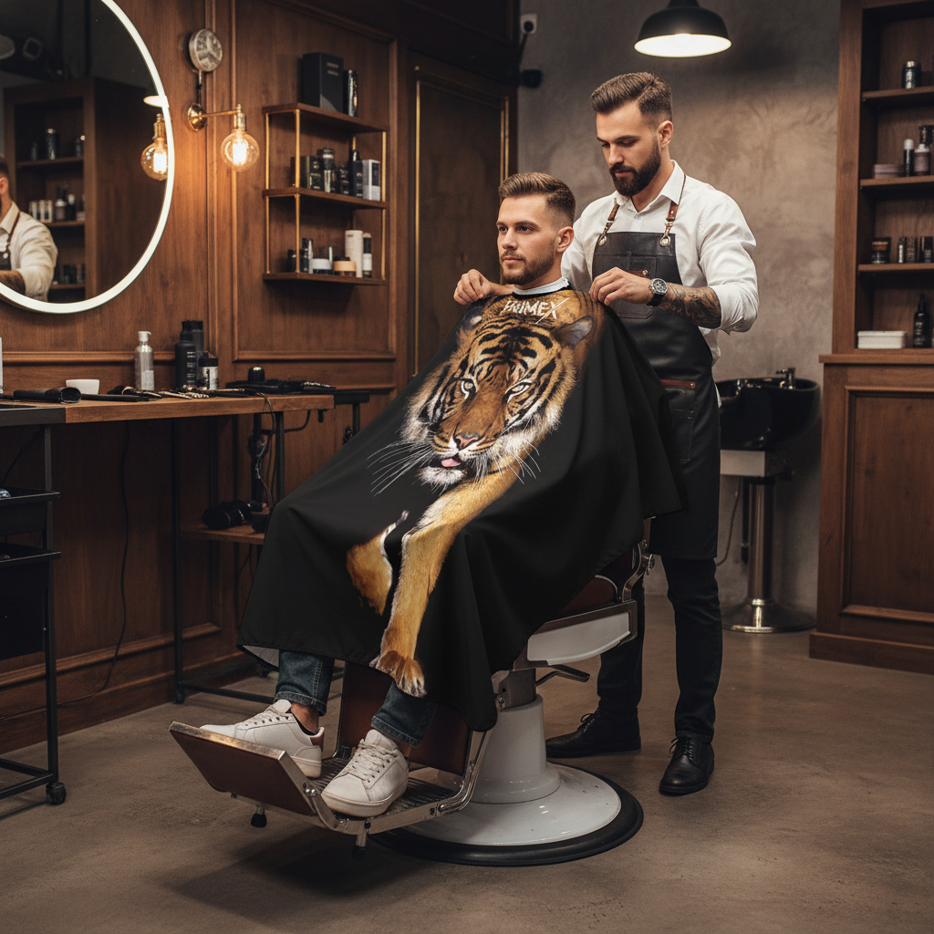 Barber adjusting haircut on seated man wearing PrimeX Premium Professional Barber Cape, 1 Count, Tiger featuring a realistic tiger print, set in a stylish modern barbershop.