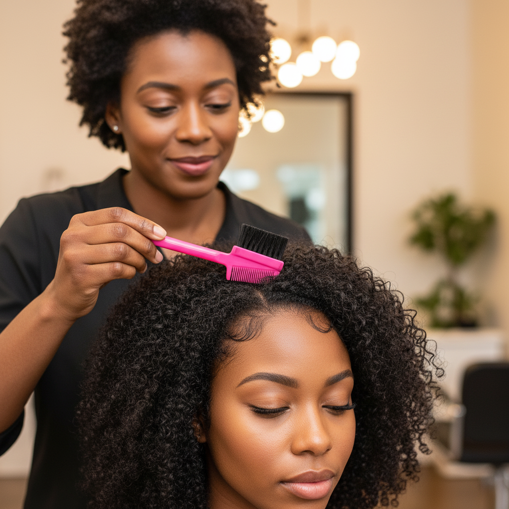 Woman styling natural curly hair using Joy 3 in 1 Pintail Edge Brush & Comb Jar, 24 Count, Assorted Colors with a pink two-sided hair tool featuring a comb and brush in a bright salon setting.
